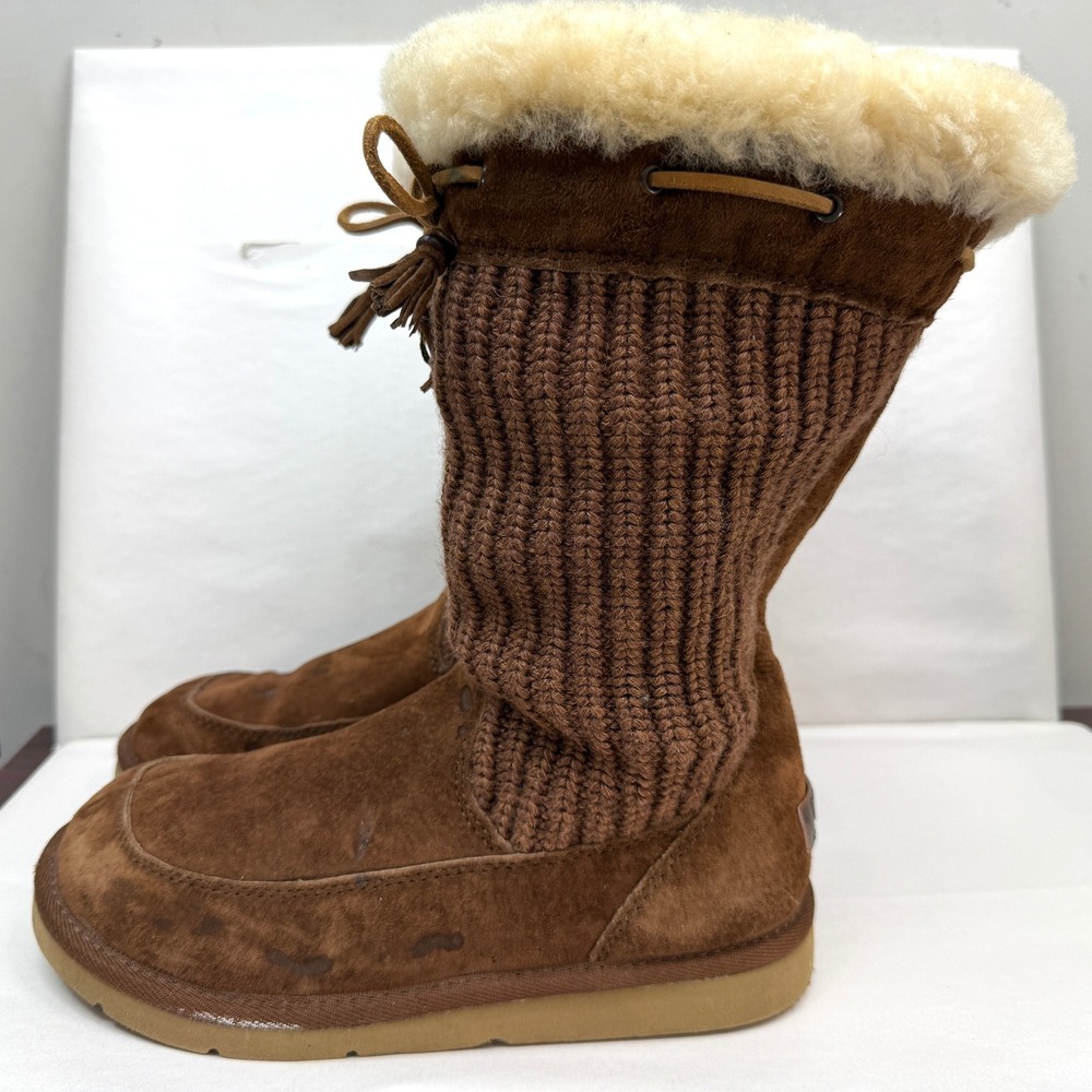 UGG Australia 5124 Women Suede Knit Tall Boots Shearling Trim Chestnut Brown Sz8